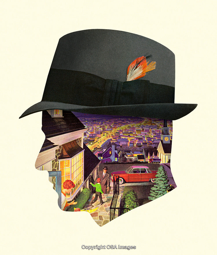 Silhouette Cityscape Within Gentleman Wearing a Vintage Hat