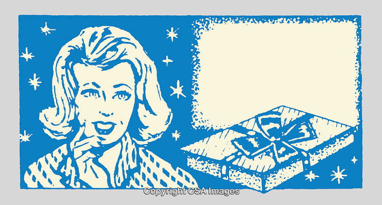 Vintage Line Art of a Woman with a Gift and Stars