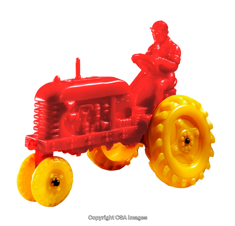 Retro Style Plastic Toy Tractor in Red and Yellow With Rider