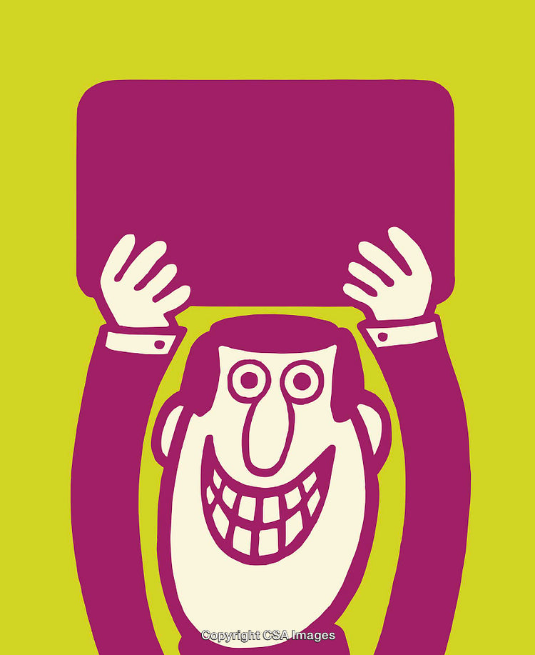 Colorful Cartoon Illustration of a Happy Character Holding Up a Blank Sign