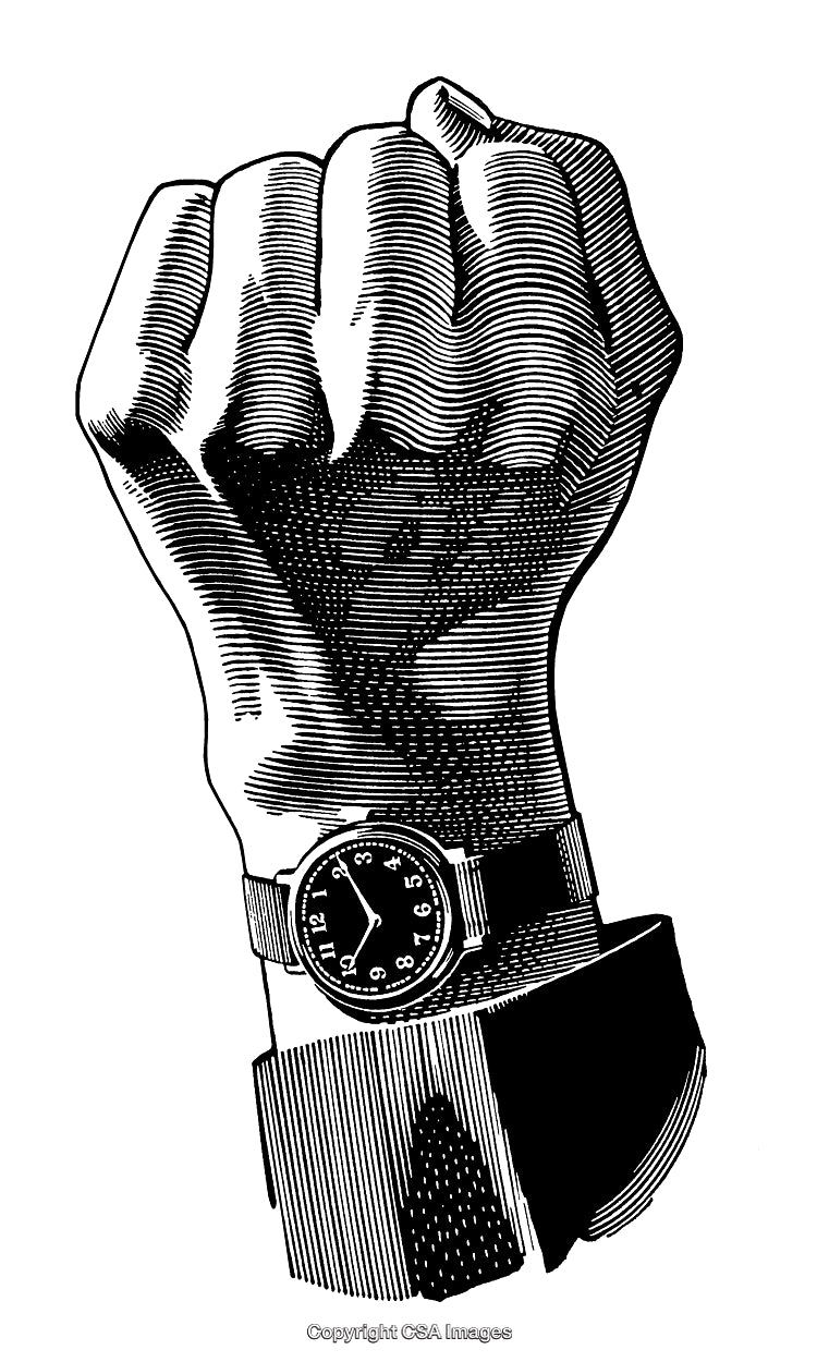 Engraved Black and White Fist with Watch Illustration