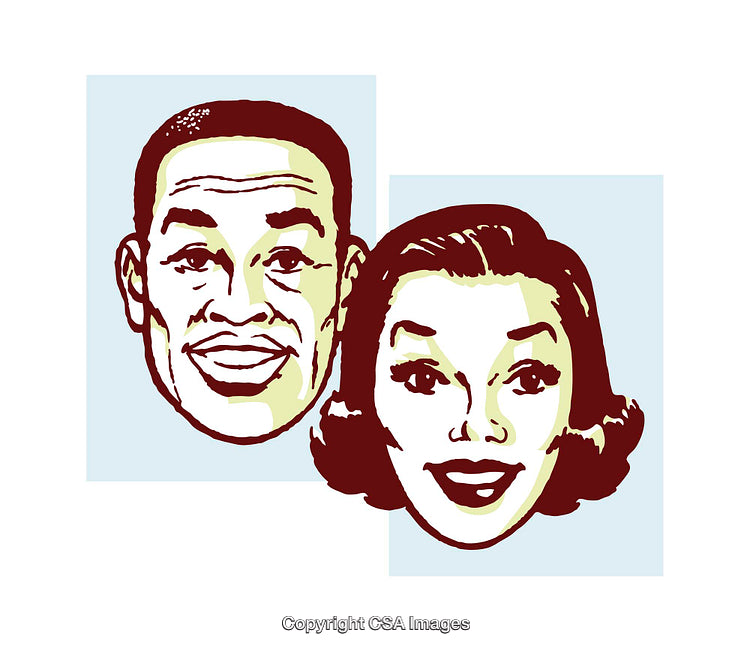 Retro Styled Illustration of Smiling Male and Female Faces