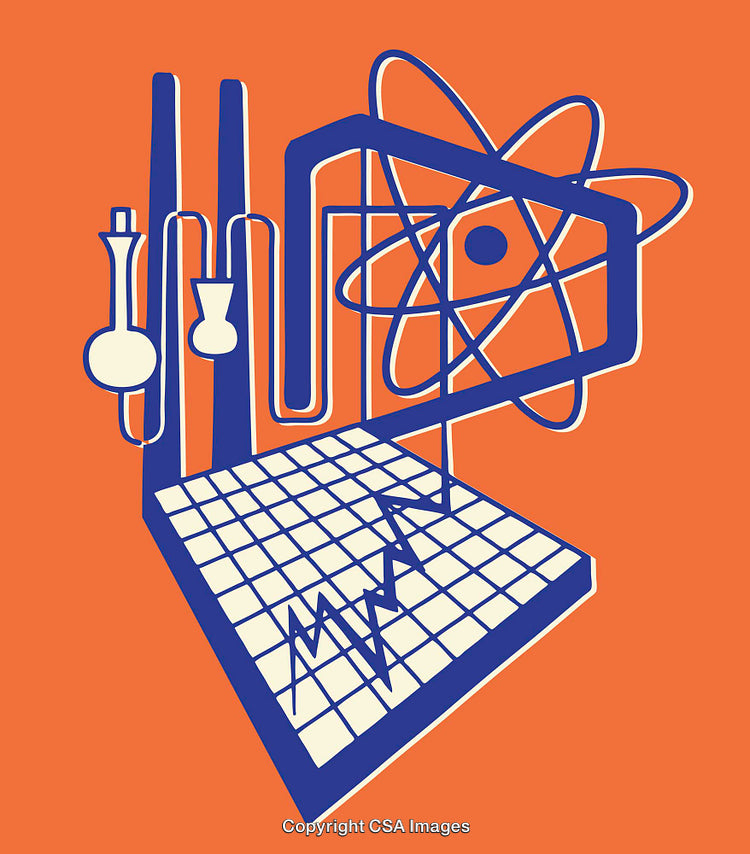 Abstract Technology Illustration Featuring Laboratory Equipment and an Atomic Symbol