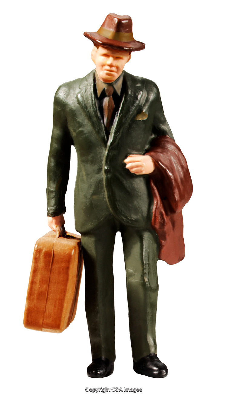 Miniature Figurine of a Businessman Holding Luggage in Green Suit