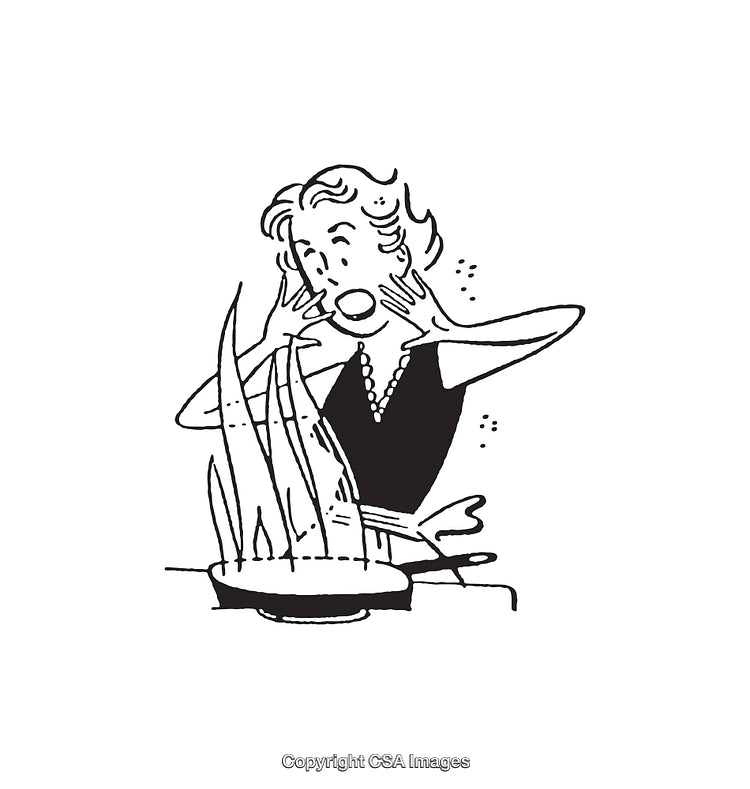 Vintage Illustration of Surprised Woman Reacting to Kitchen Smoke