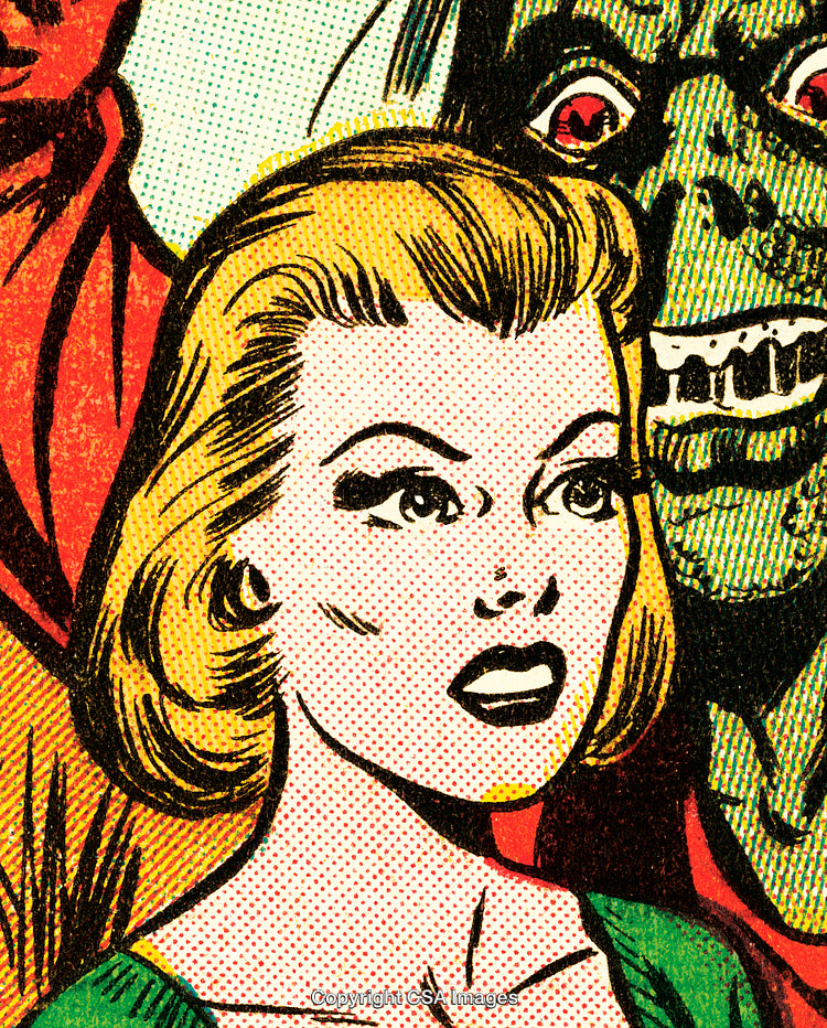 Retro Comic Artwork Featuring Blond Woman and Green Monster in Dramatic Scene