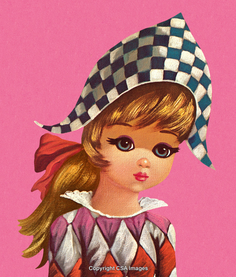 Vintage Illustration of a Doll in Harlequin Attire on a Pink Background