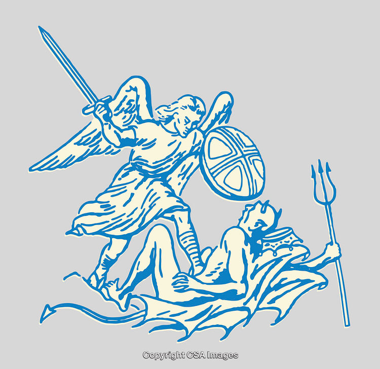 Classical Line Art Illustration of Angel Battling a Demonic Figure