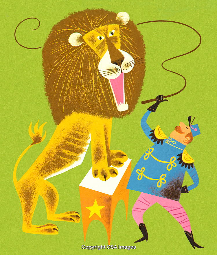 Playful Illustration of Lion Tamer Performing in a Circus Setting