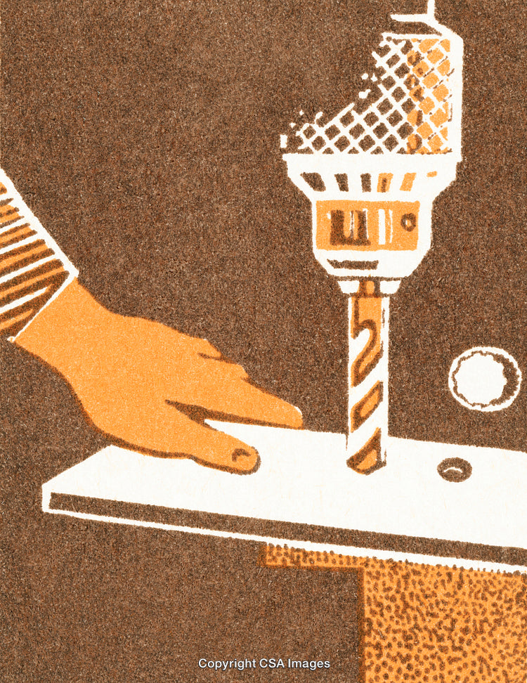 Hand Operating Drill Press in Retro Illustrated Style