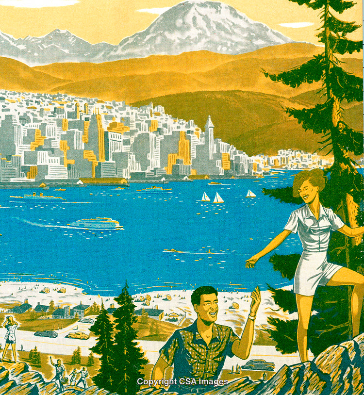 Scenic Illustration of Urban City, Mountain Views, and Outdoors Exploration