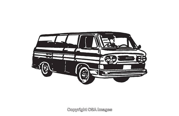 Detailed Black and White Line Art Illustration of a Classic Vintage Van