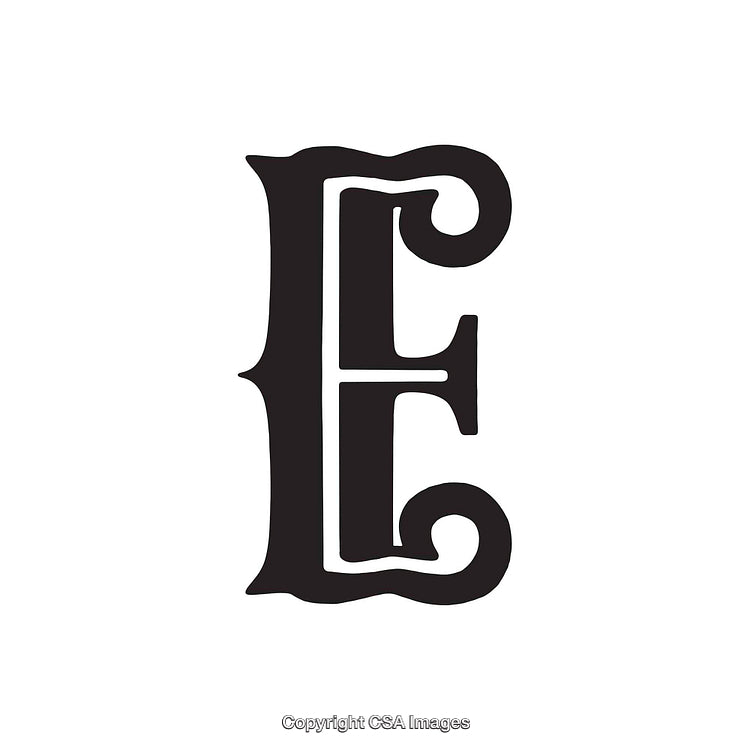 Black Letter E in Vintage Decorative Font on White Background