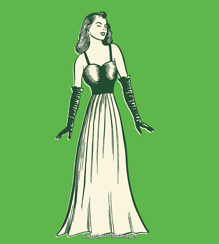 Retro Illustration of Elegant Woman in Evening Gown on Green Background