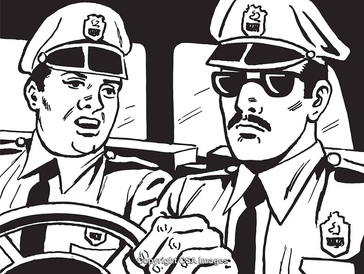 Illustration of Two Police Officers in Discussion While Driving a Patrol Car