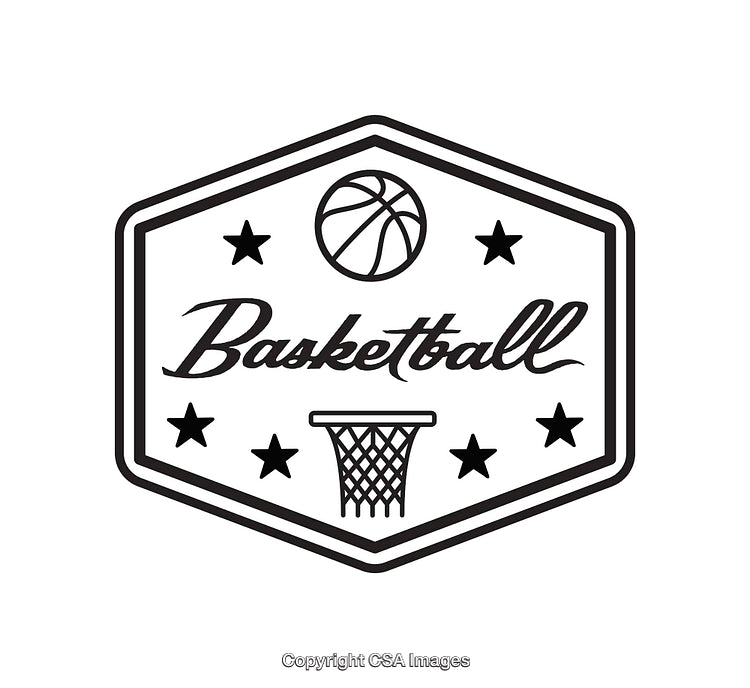 Minimalistic Black and White Basketball-Themed Logo Featuring a Hoop and Stars