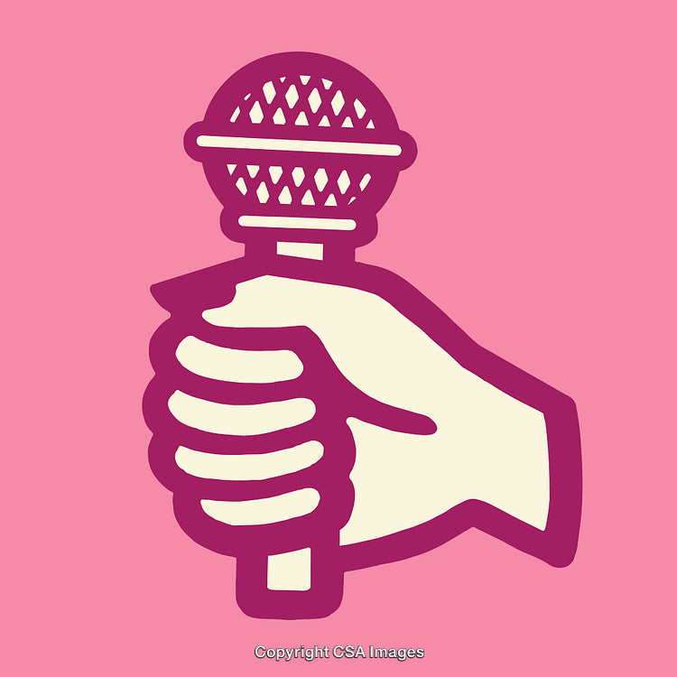 Hand Holding Microphone Against Pink Background in Bold Artistic Style