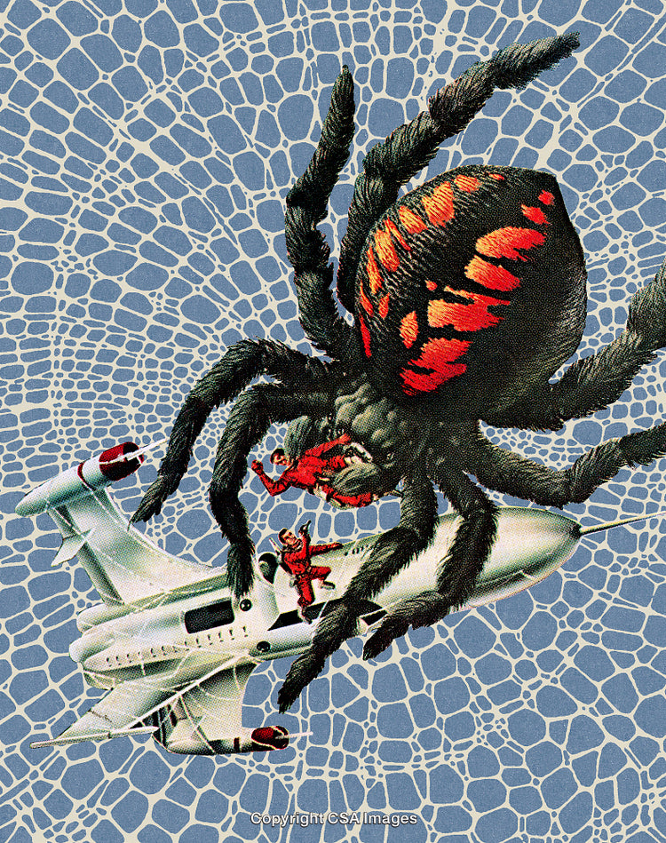 Giant Spider Attacking Airplane with Astronauts Caught in a Web