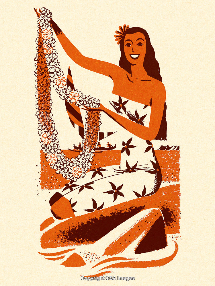 Traditional Polynesian Illustration Featuring a Woman Holding a Lei Garland in Hawaii