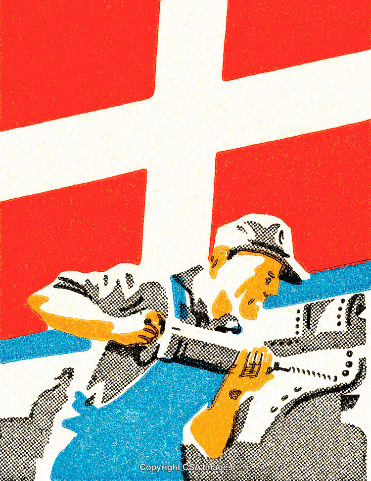 Vintage Artwork Depicting a Worker Against a Symbolic Background