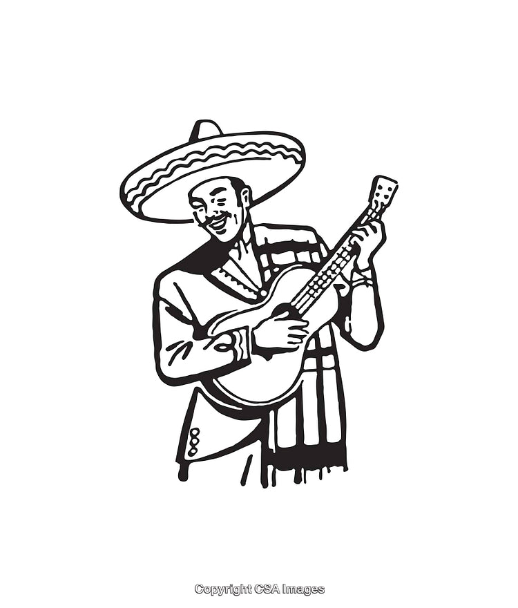 Black and White Illustration of a Musician Playing a Guitar