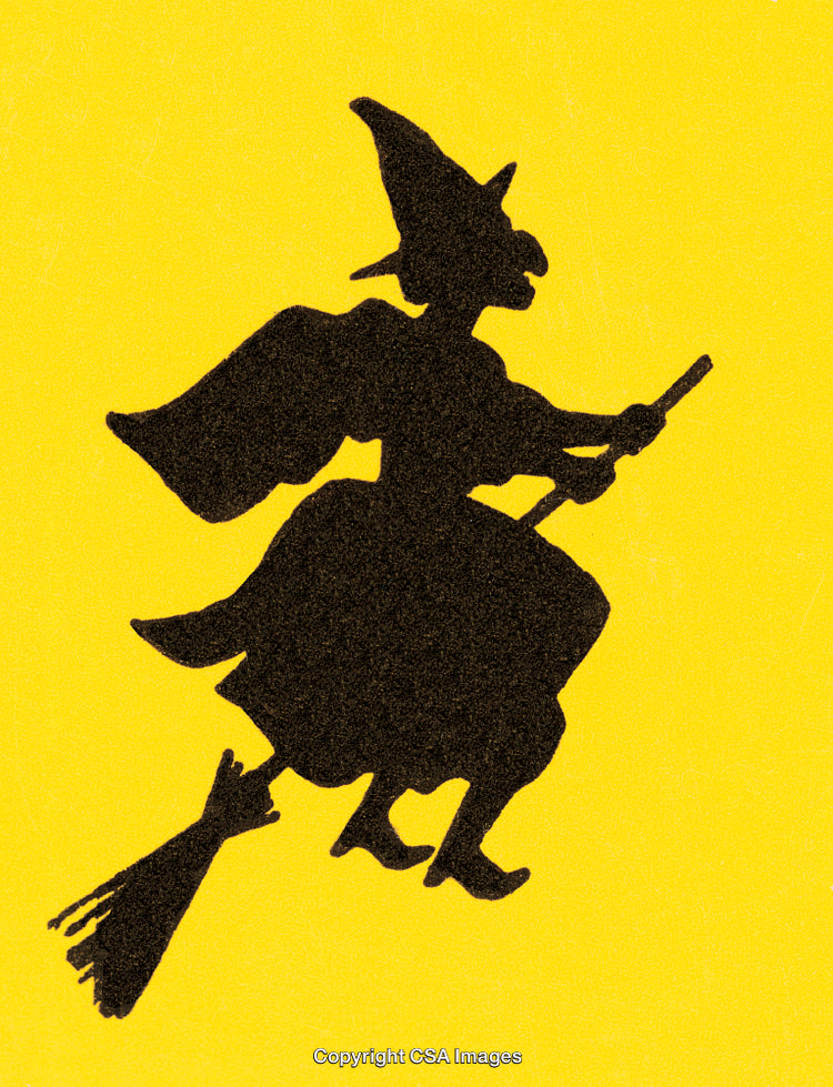 Silhouette of a Flying Witch on a Broomstick Against Yellow Background