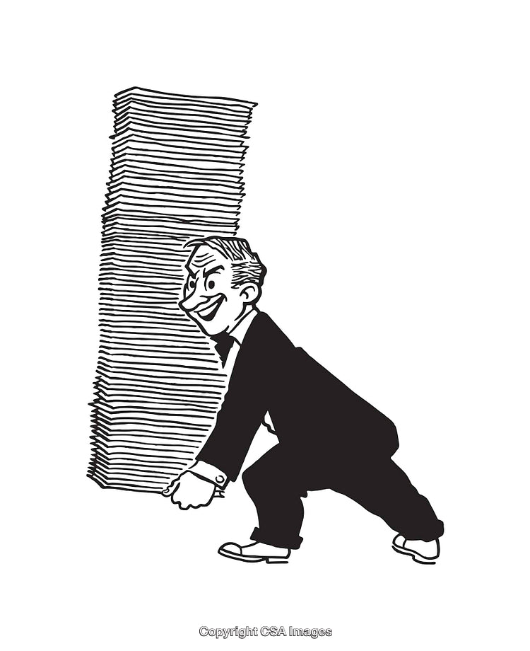 Retro Businessman Carrying a Large Stack of Papers in Black and White