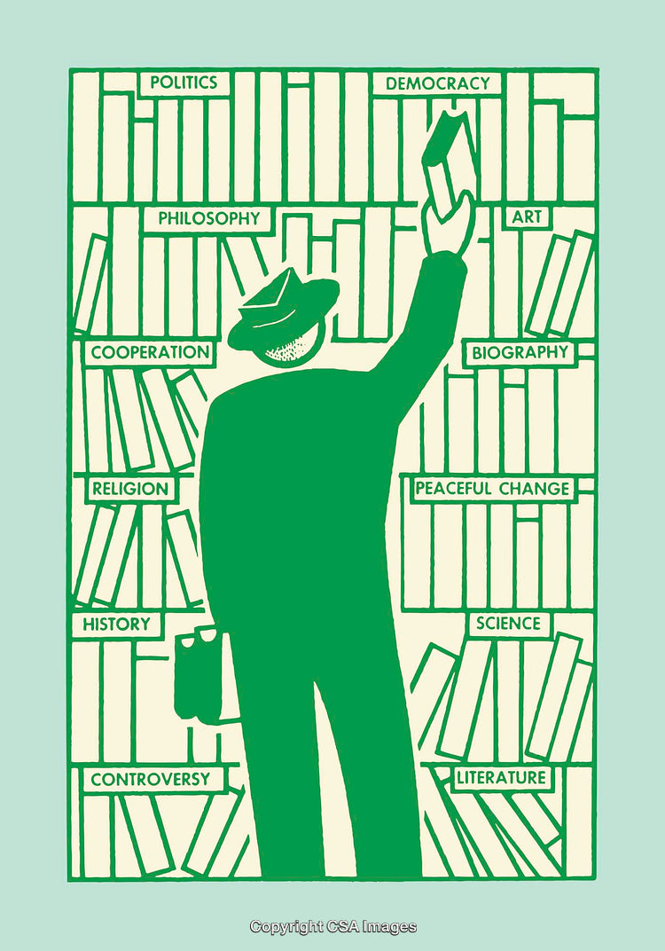 Illustration of a Man Browsing Books in a Library