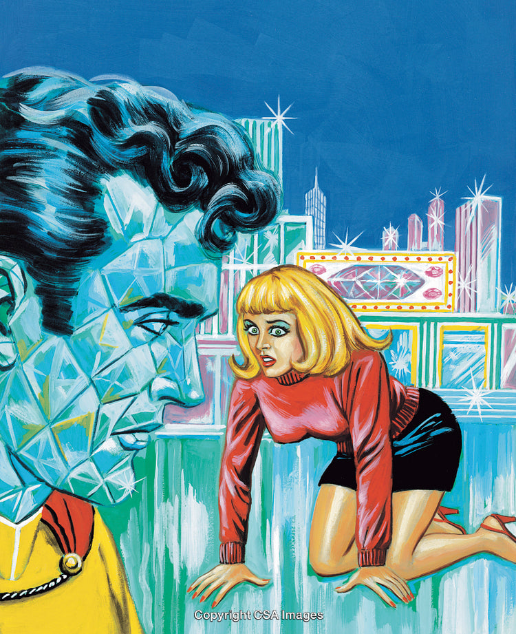 Surreal Illustration Featuring Crystal Figure and Concerned Woman in Vibrant Urban Setting