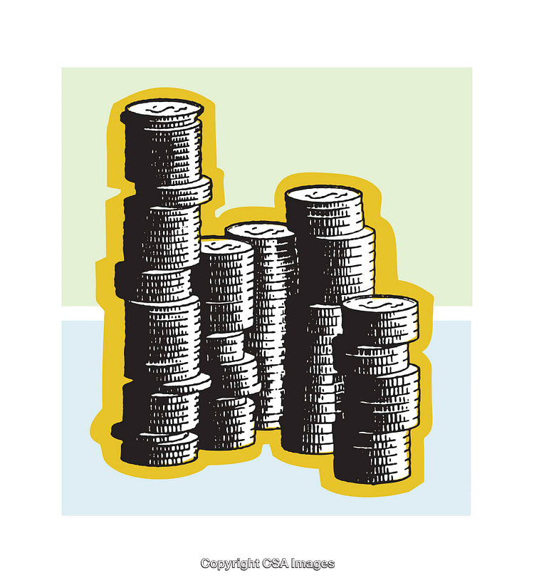 Stacked Coins Illustration in a Vintage Woodcut Style with Bold Colors