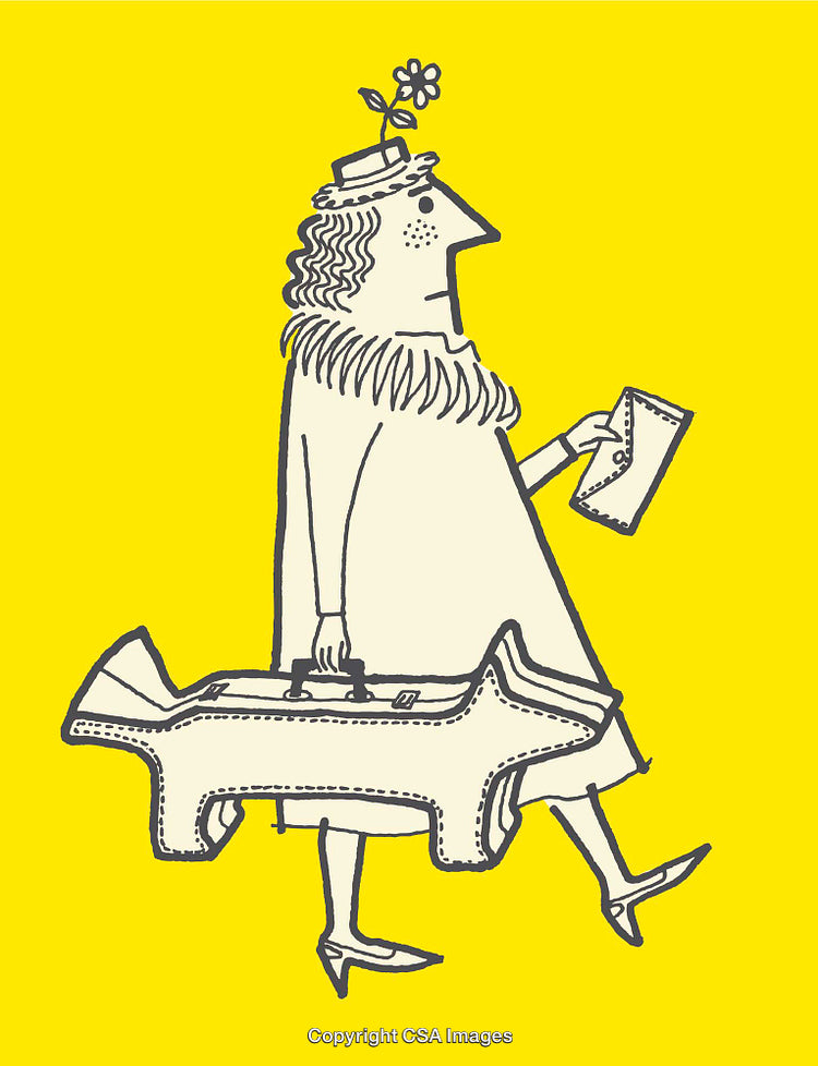 Quirky Cartoon Lady Carrying an Airplane-Shaped Bag