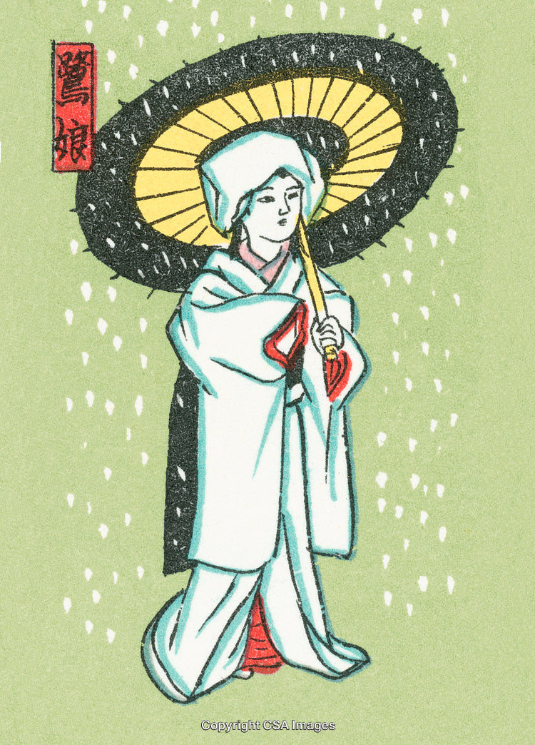 Traditional Illustration of Woman with Umbrella in a Winter Scene