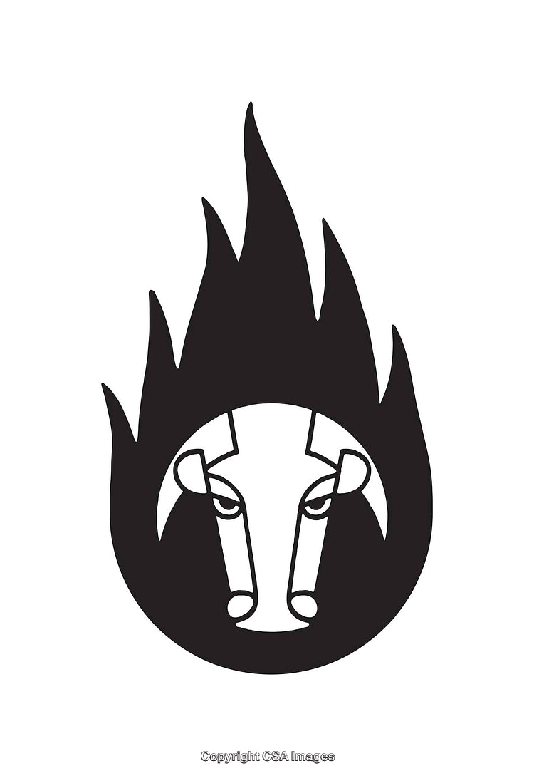 Stylized Black and White Bull Illustration with Flame Design