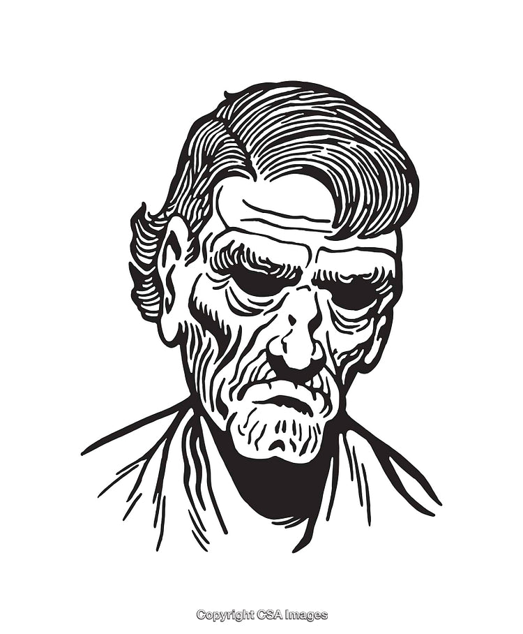 Monochromatic Line Art of Elderly Man with Thoughtful Expression