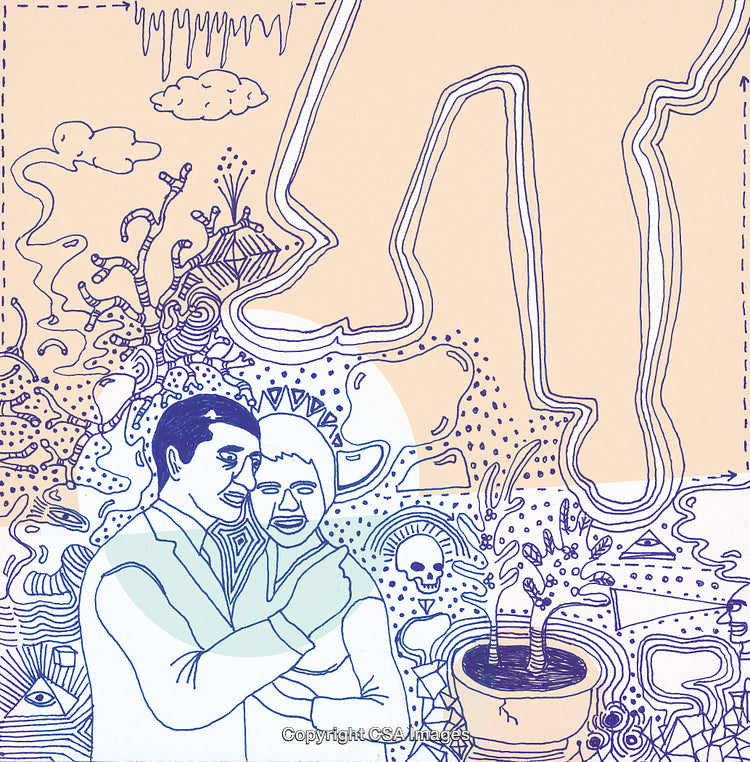 Abstract Illustration of a Couple Surrounded by Surreal Elements and Patterns