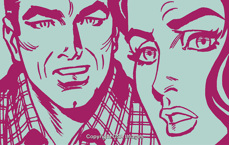 Pop Art Illustration of a Couple Facing Emotional Conflict and Surprise