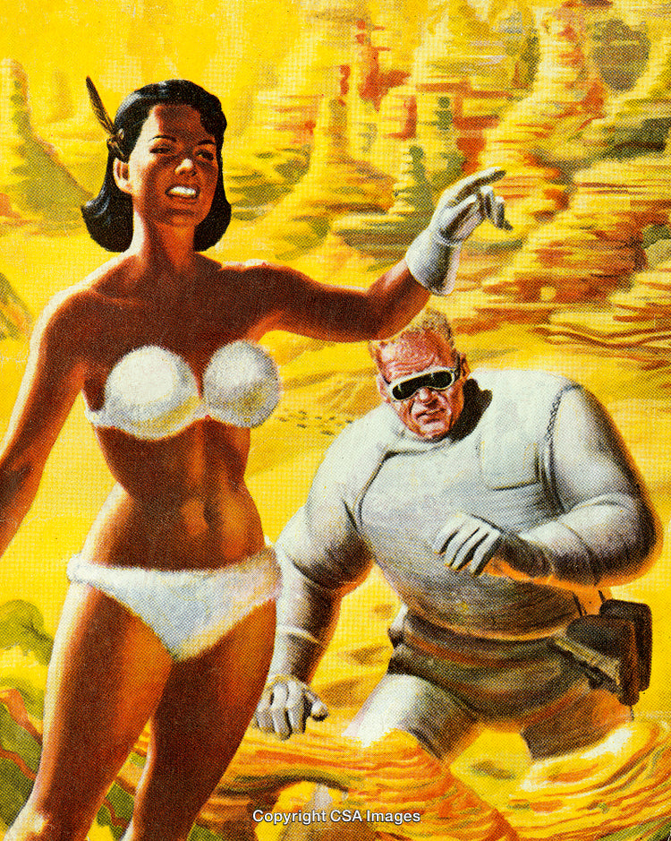 Retro Futuristic Artwork Depicting Adventurous Characters in a Fantasy Landscape