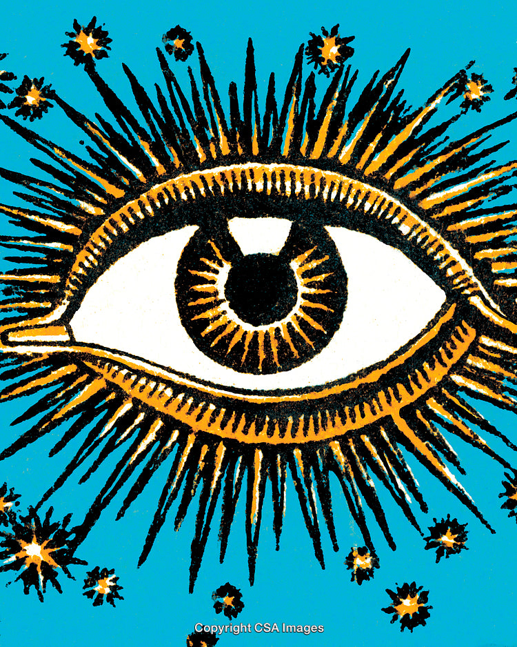 Colorful Illustration of an Eye with Radiant Patterns on Blue Background