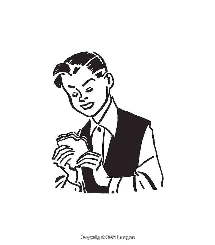 Vintage Black and White Illustration of a Boy Eating a Sandwich