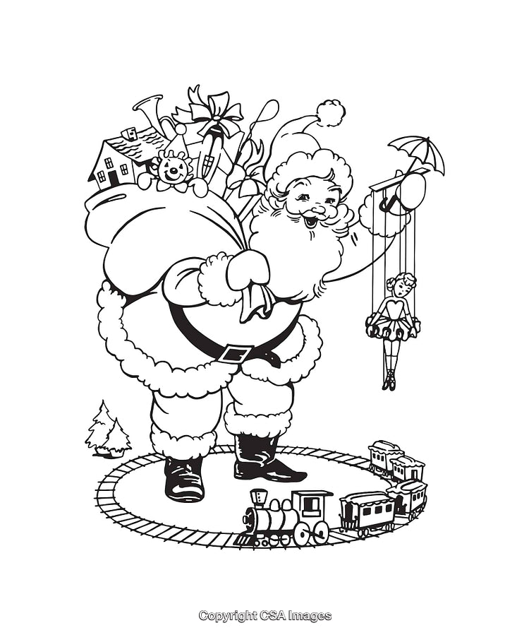 Black and White Santa Claus Line Art with Holiday Toys and Symbols