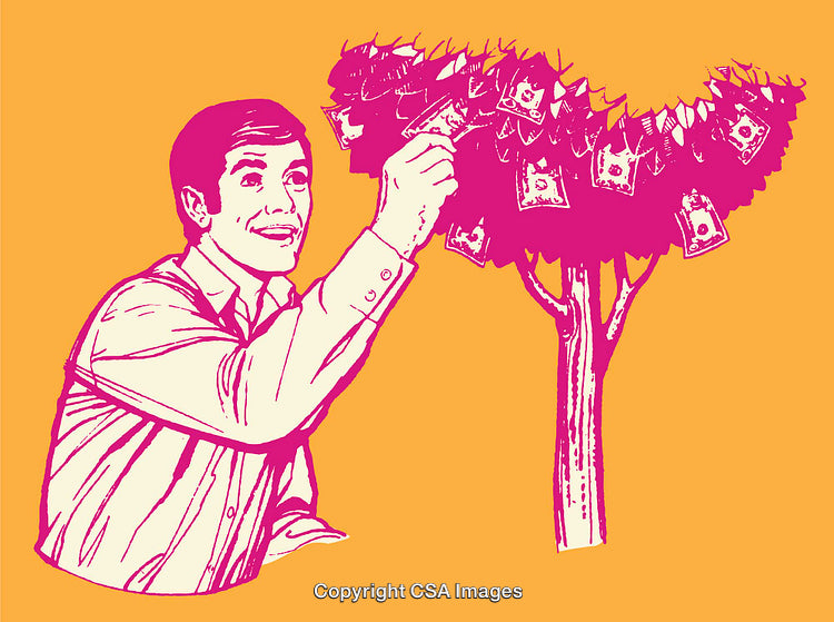 Man Picking Money From A Tree in Vibrant Line Art Illustration