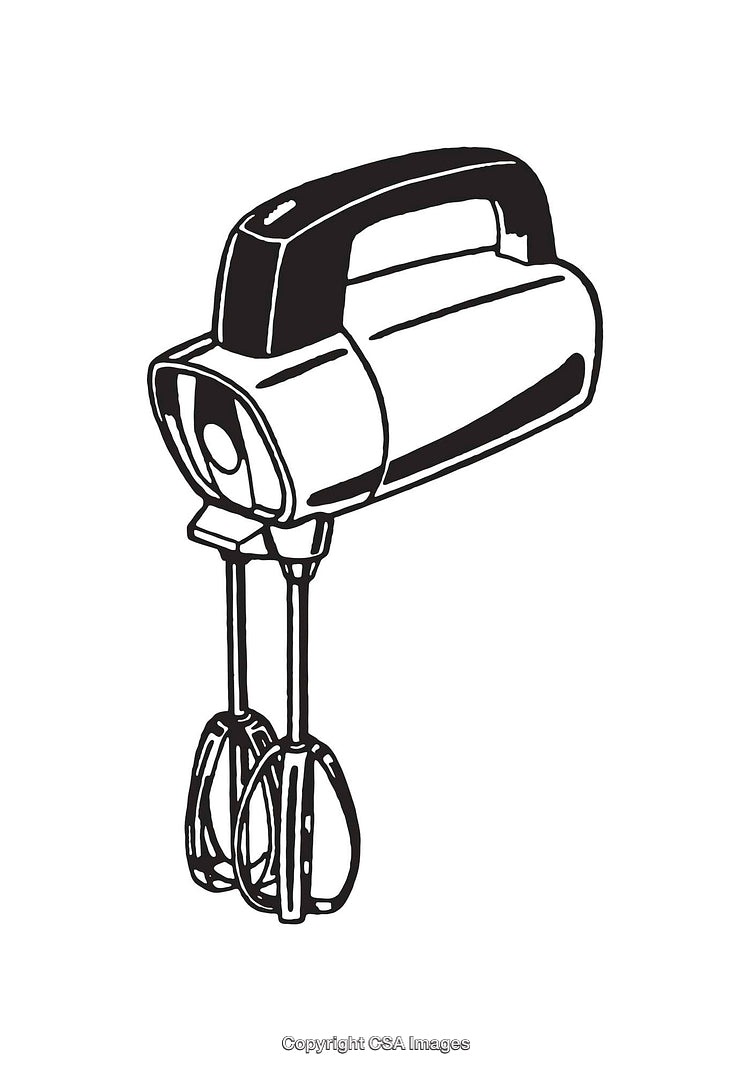 Black and White Line Art Illustration of a Handheld Kitchen Mixer