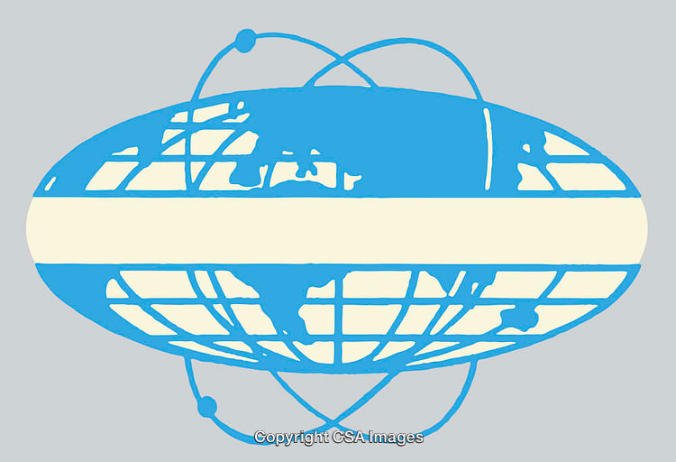 Line Art Illustration of a Globe with Orbital Lines and Striped Design
