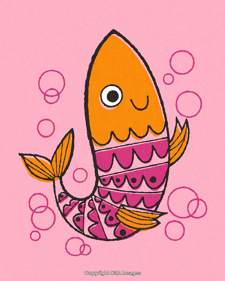 Illustrated Colorful Fish With Vibrant Patterns on a Pink Background