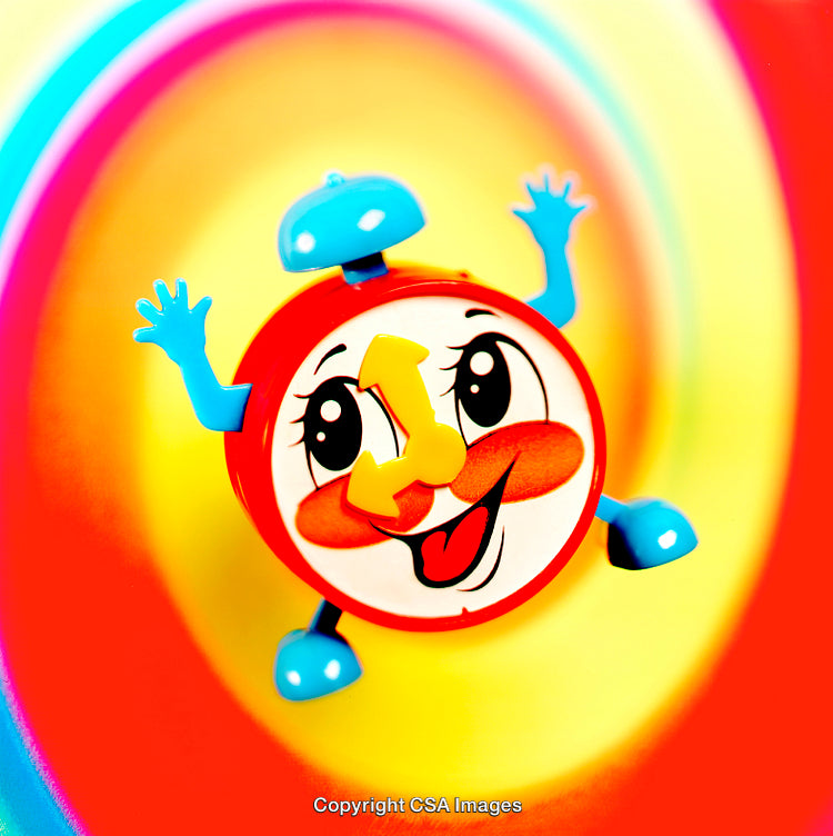 Colorful Toy Clock with Cartoon Face on Vibrant Rainbow Background