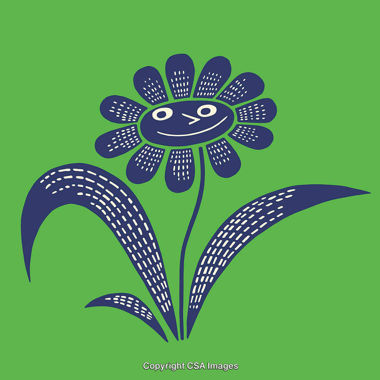 Illustrated Smiling Flower with Leaves in Vibrant Green and Blue Artwork