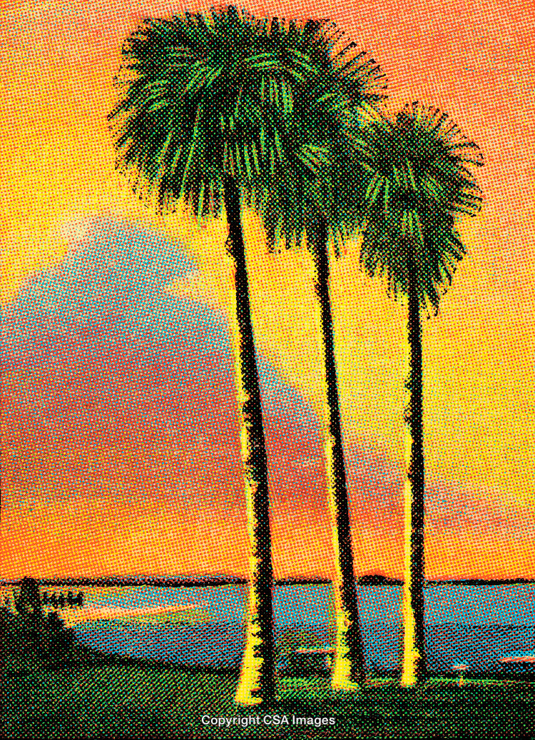Vibrant Tropical Palm Trees at Sunset with Bold Vintage Print Style