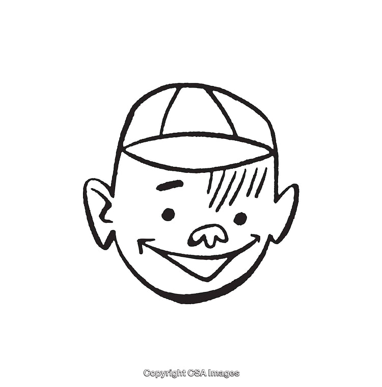 Playful Black and White Line Art Illustration of Cartoon Boy