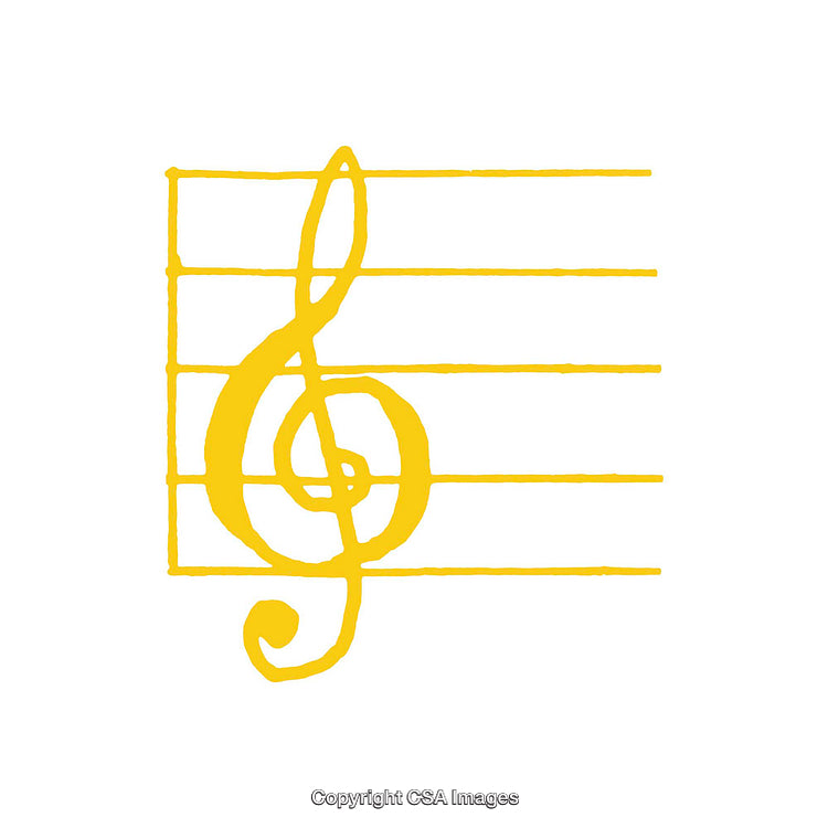 Yellow Musical Treble Clef Symbol on Staff Against White Background
