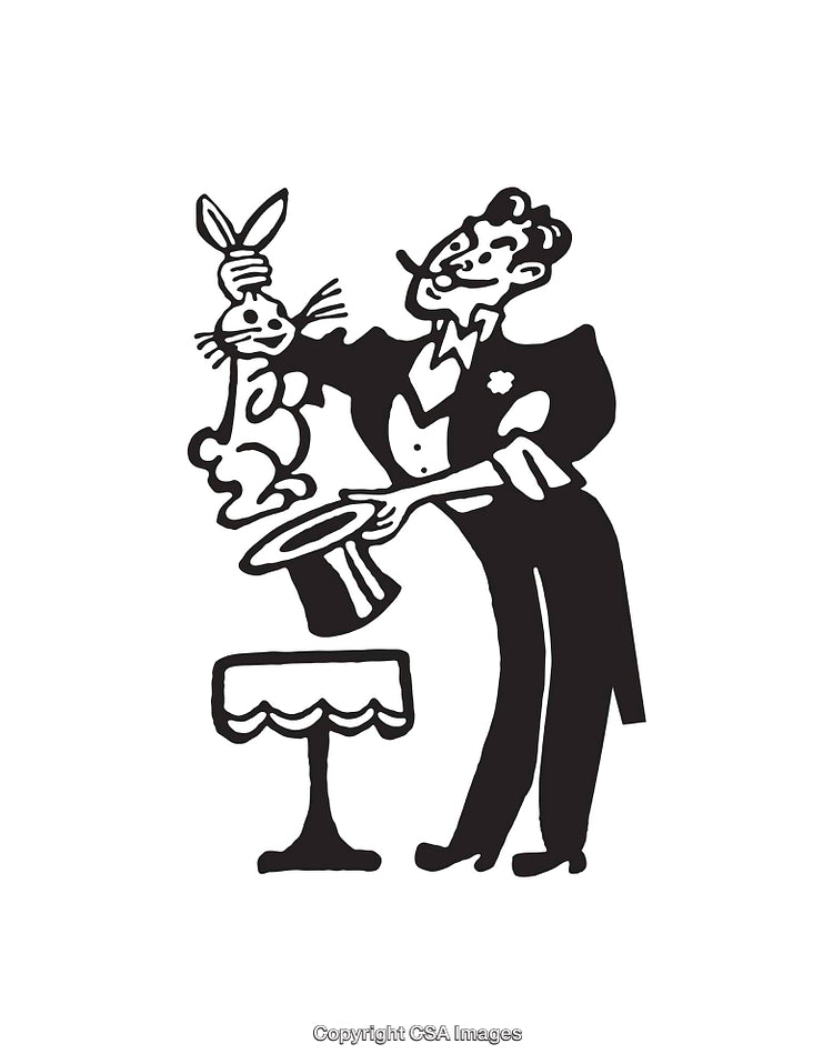 Magician Performing Rabbit Trick Illustration in Black and White